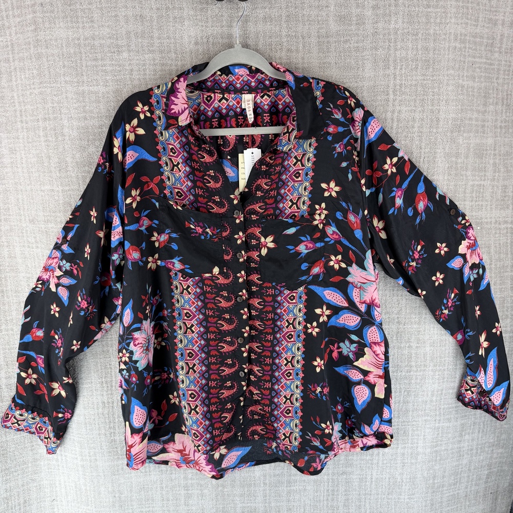 Raga Blouse Womens 2X Black Tunic Hawaiian Collared Long Sleeve Relaxed Sheer
